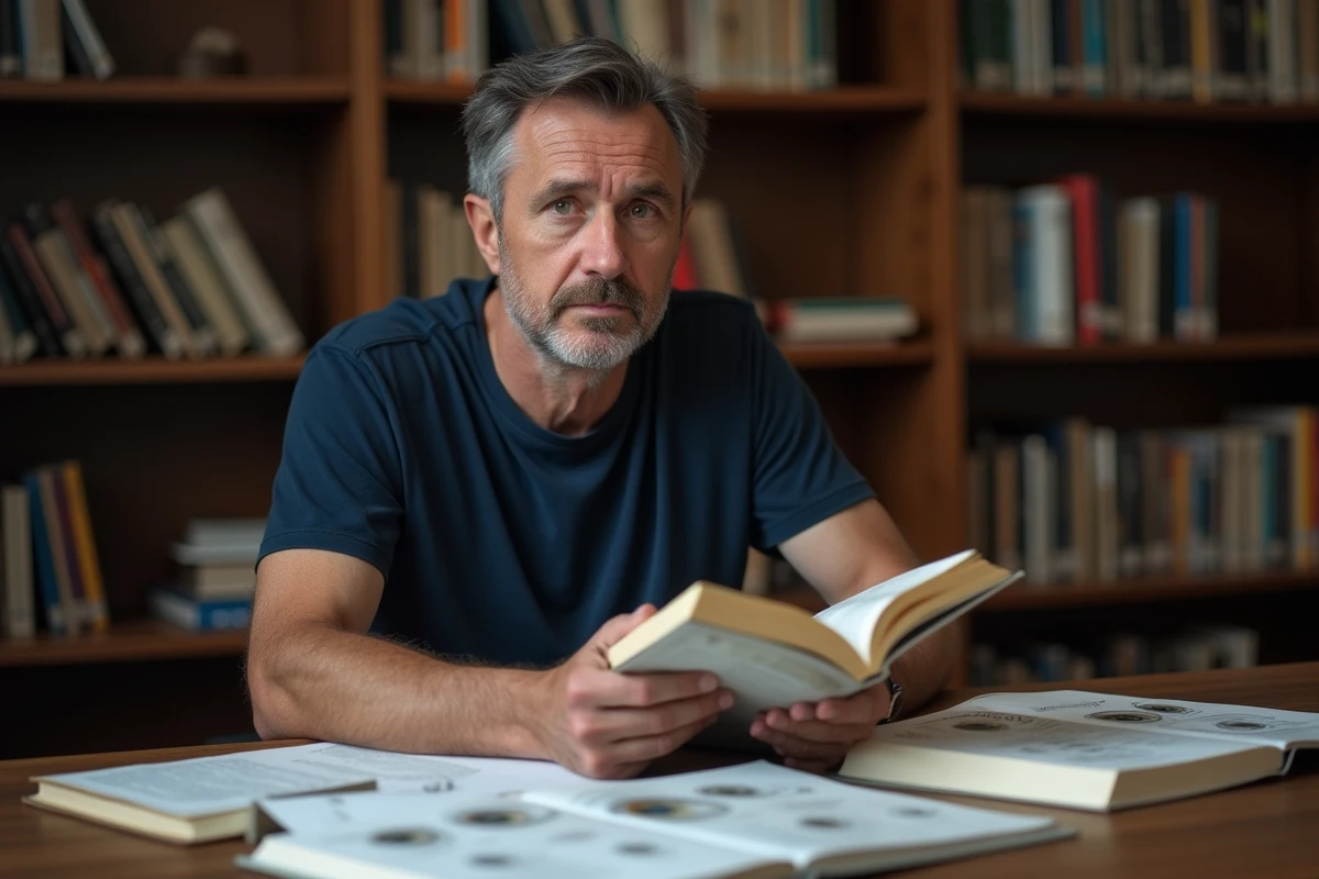 Homme aux yeux gris-jaune en bibliothèque entouré de documents sur la génétique des couleurs d'iris