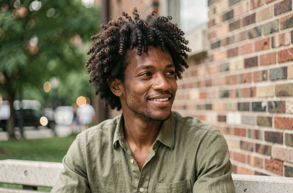 Portrait d'un homme avec une coupe afro frisée bien structurée en extérieur dans un parc urbain
