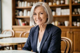 Femme de 70 ans avec une coupe carré court argenté élégante dans un café parisien