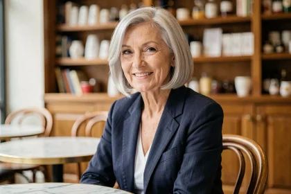 Femme de 70 ans avec une coupe carré court argenté élégante dans un café parisien
