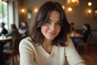 Femme aux cheveux épais coiffés en carré mi-long dans un café parisien, portant un pull en maille crème