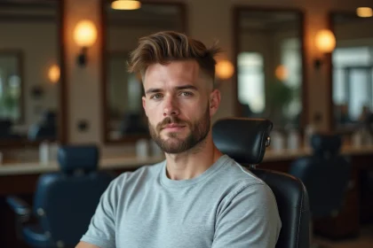 Homme aux cheveux fins avec une coupe taper cut volumisée assis dans un fauteuil de barbershop moderne