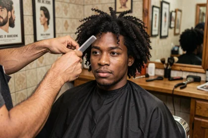 Homme aux cheveux afro frisés se faisant coiffer dans un salon de coiffure, structuration des boucles au peigne afro