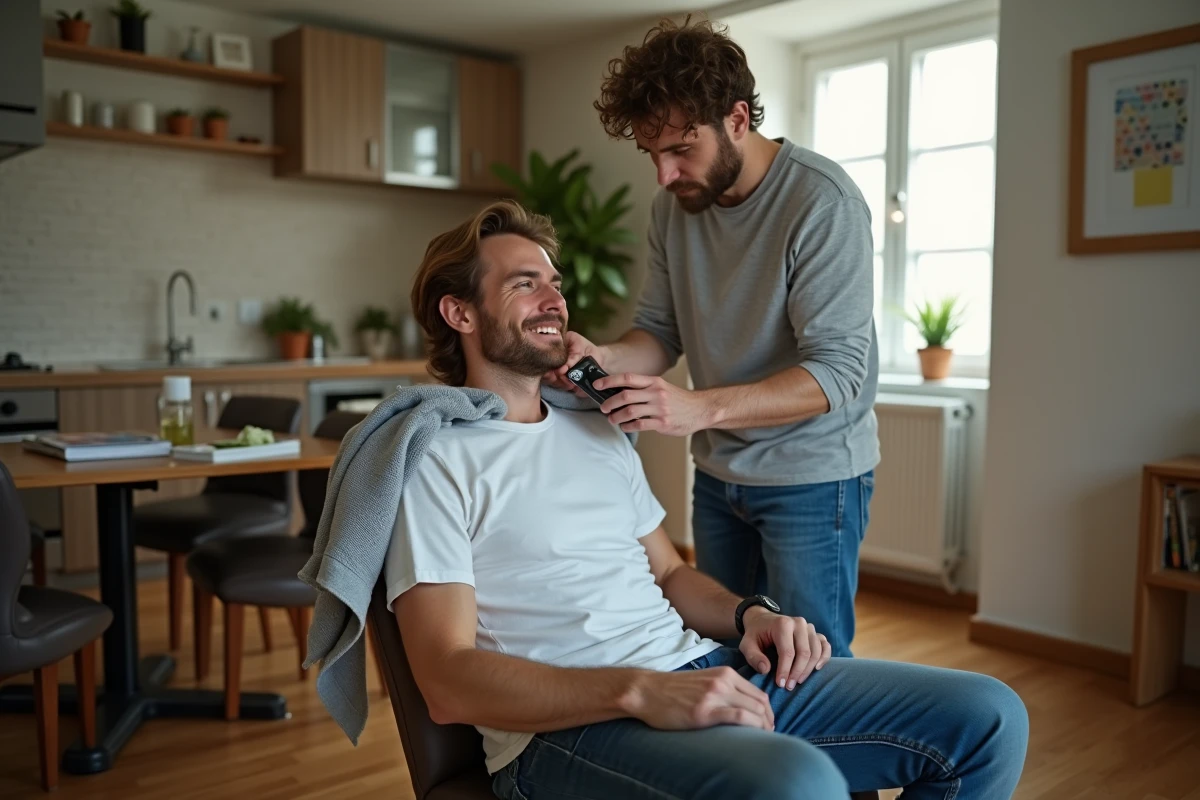 Deux hommes à la maison, l'un coupant les cheveux mi-longs de l'autre dans le salon avec une tondeuse