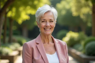 Femme de 60 ans au visage rond avec une coupe courte pixie en cheveux blancs naturels dans un jardin botanique