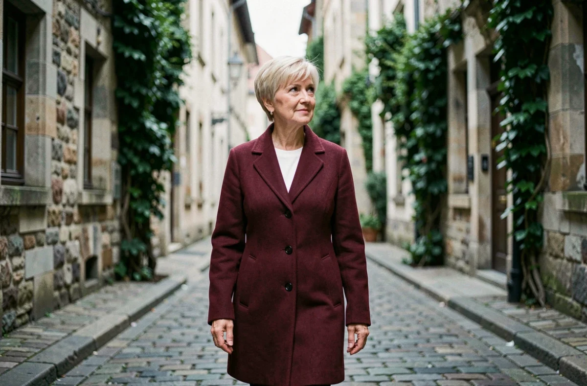 Femme de 70 ans avec une coupe courte pixie blonde cendré marchant dans une rue pavée européenne