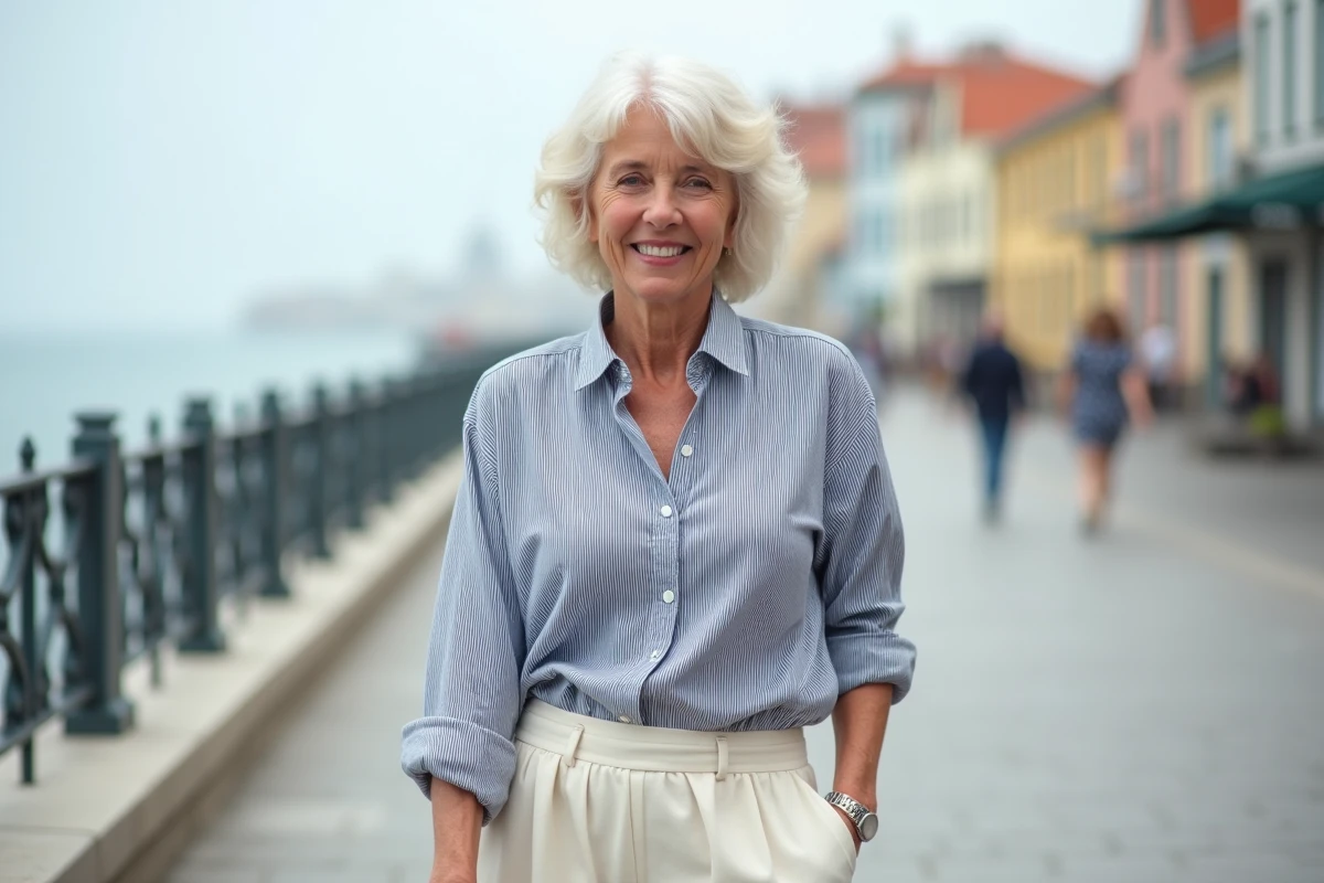 Femme de 65 ans avec une coupe courte volumineuse en cheveux blancs sur une promenade en bord de mer, visage rond mis en valeur