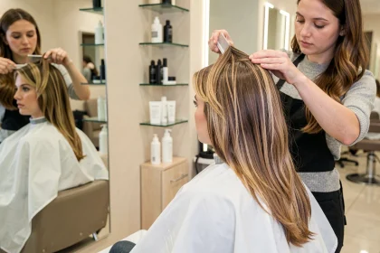 Coiffeuse évaluant les cheveux longs et fins d'une cliente en salon pour ajouter du volume grâce à une coupe dégradée