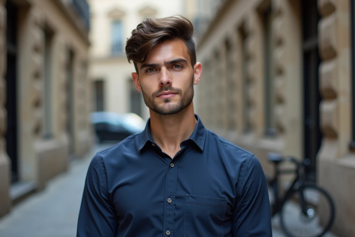 Homme jeune avec coupe French crop sur cheveux fins en extérieur dans une rue urbaine