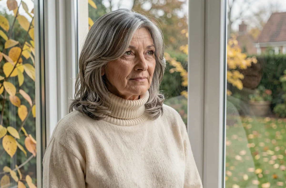 Coupe mi-long ondulée pour femme de 70 ans devant une fenêtre avec jardin en automne
