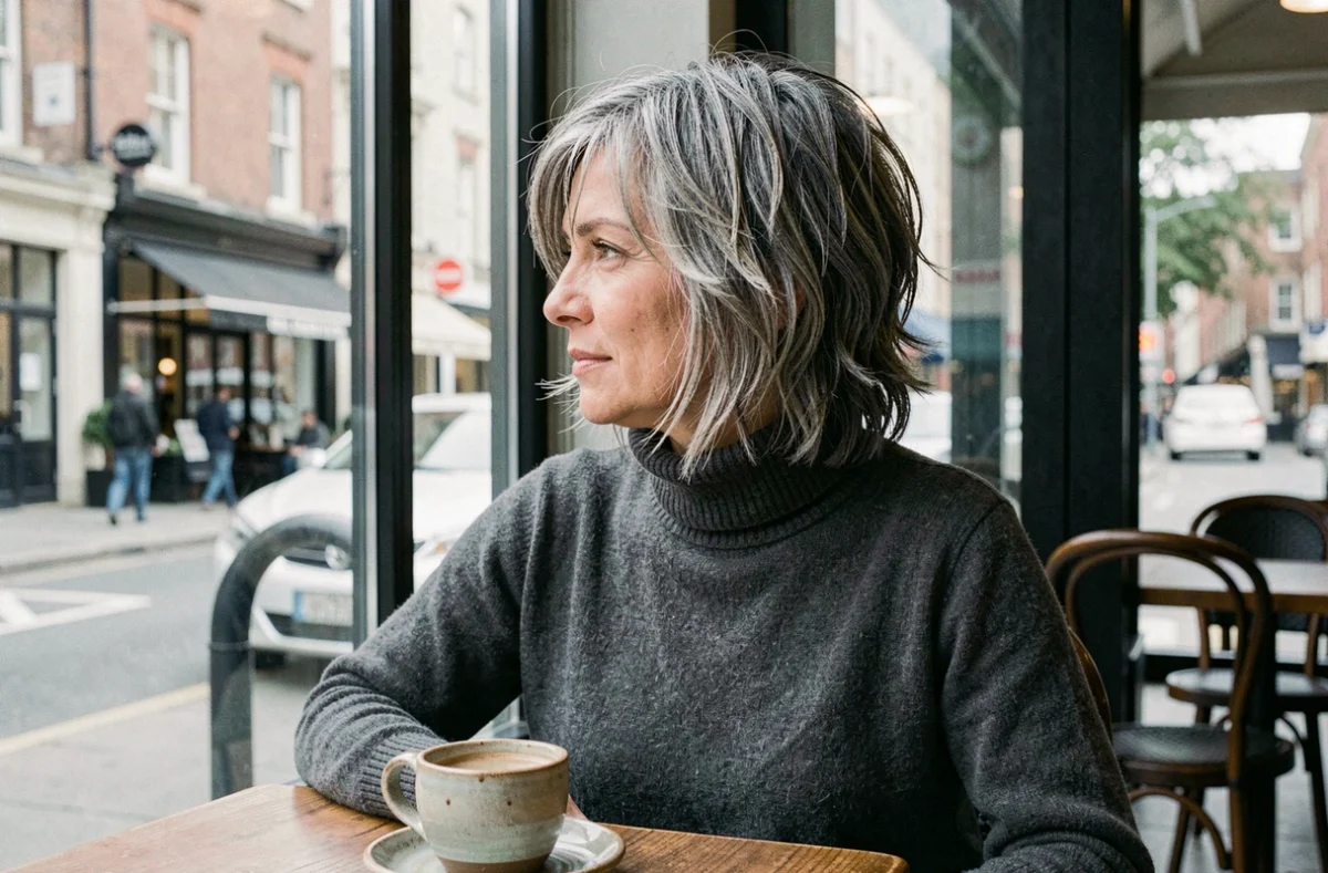 Femme de 40 ans arborant une coupe shaggy courte sans frange aux reflets naturels poivre et sel, assise dans un café urbain