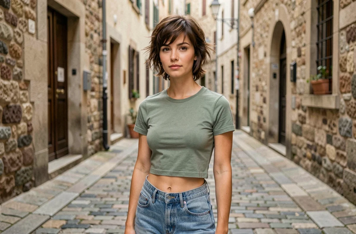 Jeune femme avec une coupe shaggy courte sans frange dans une ruelle pavée européenne, look minimaliste et décontracté
