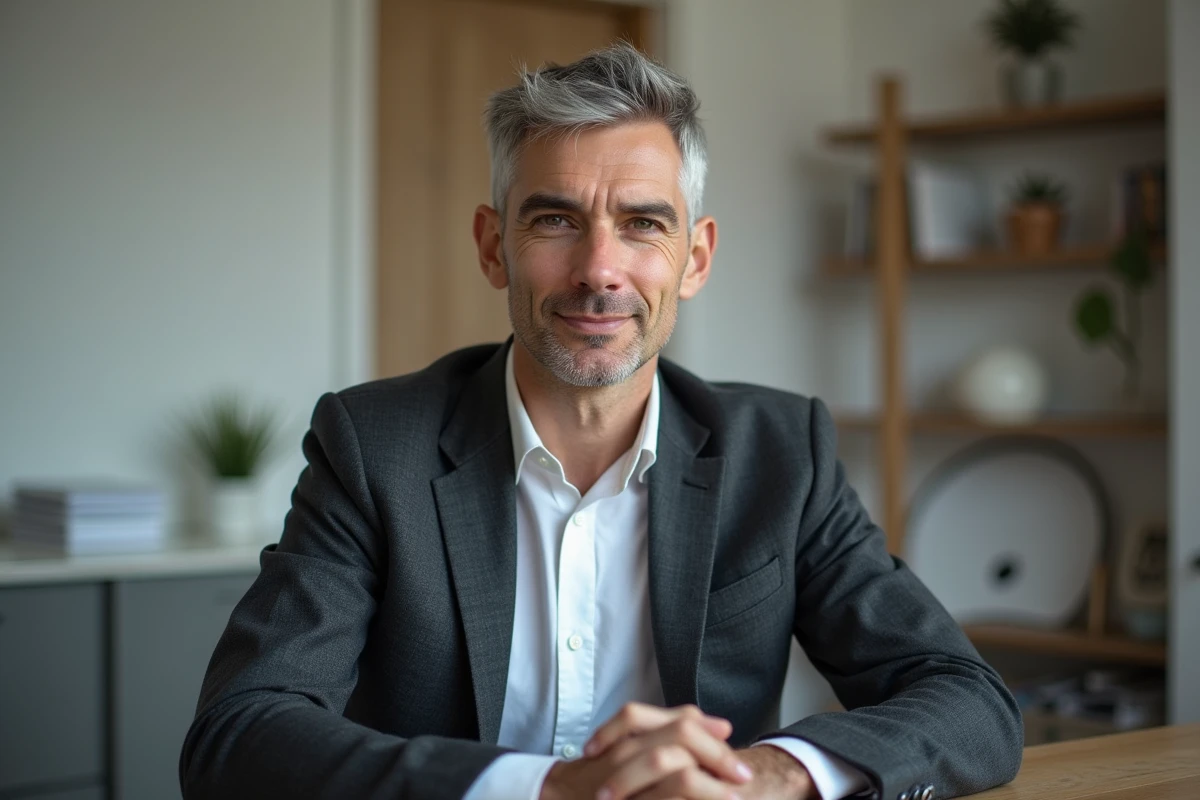 Homme d'âge mûr aux cheveux fins grisonnants coiffés en side-part undercut dans un bureau moderne