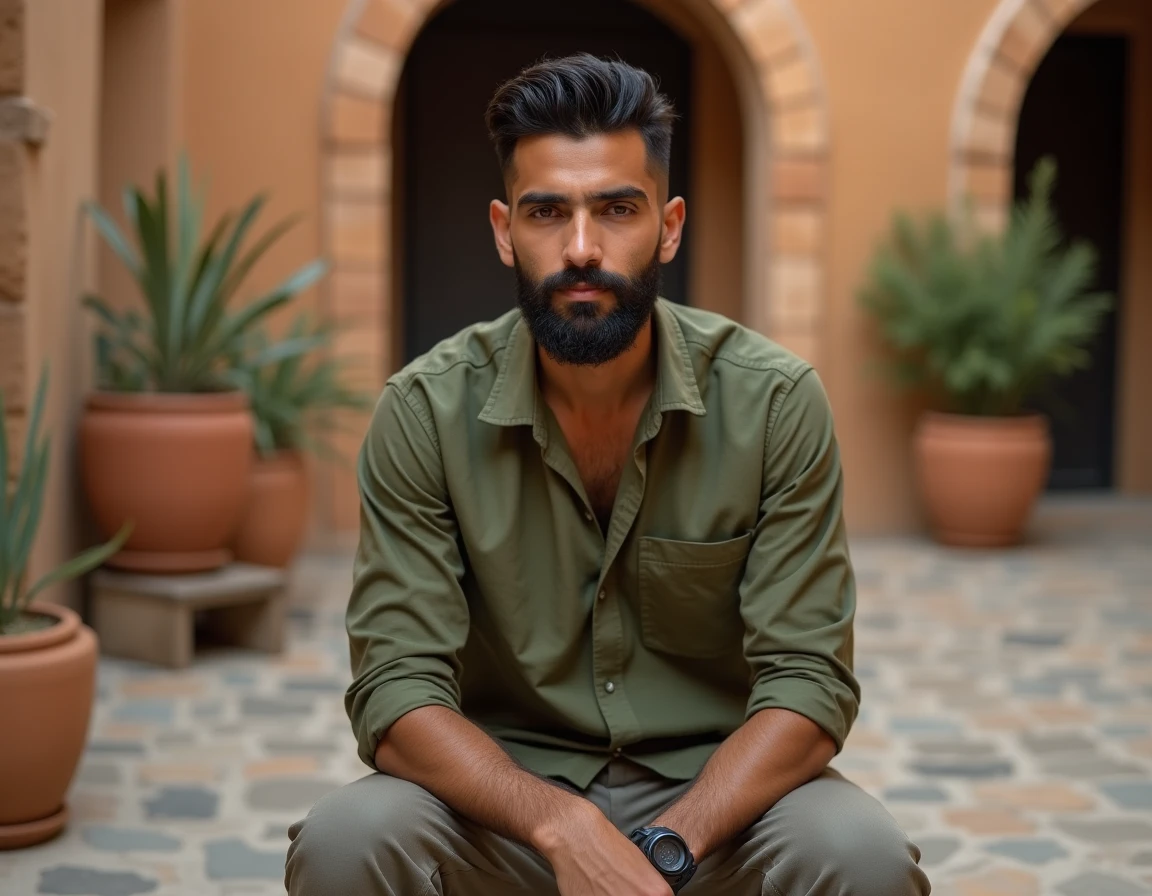 Portrait en extérieur d'un homme avec coupe tapered fade et barbe pleine harmonieusement intégrée dans une cour méditerranéenne