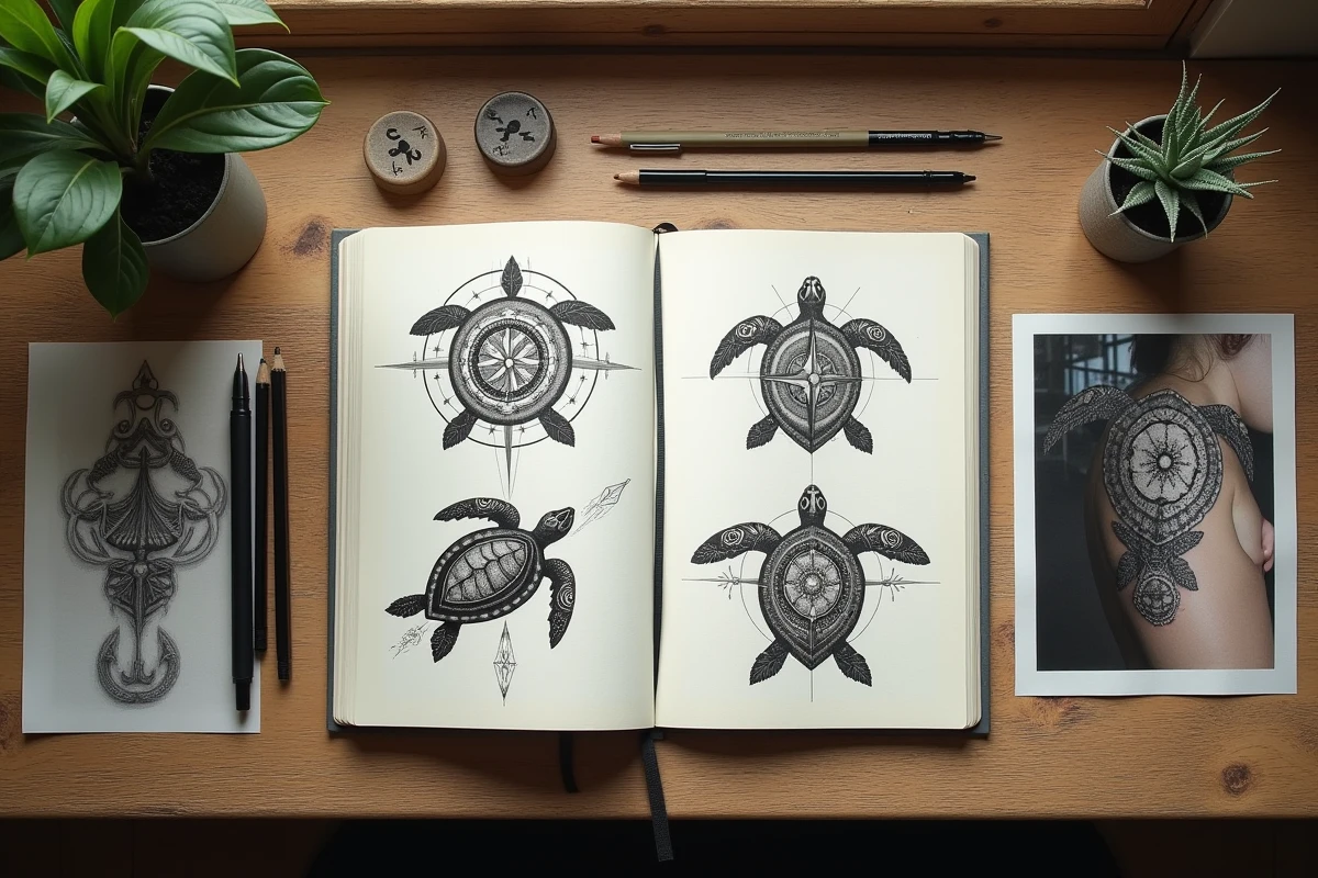 Carnet de croquis de tatouage tortue avec des combinaisons de symboles variés comme la boussole, l'ancre et le mandala floral sur un bureau en bois