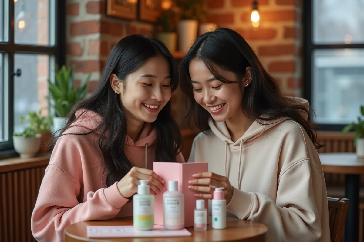Deux jeunes femmes découvrent ensemble les produits du calendrier de l'Avent YesStyle K-beauty dans un café cosy