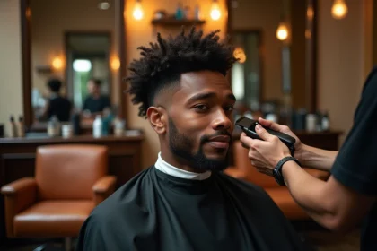 Jeune homme aux cheveux bouclés en train de se faire faire un dégradé espagnol chez le coiffeur