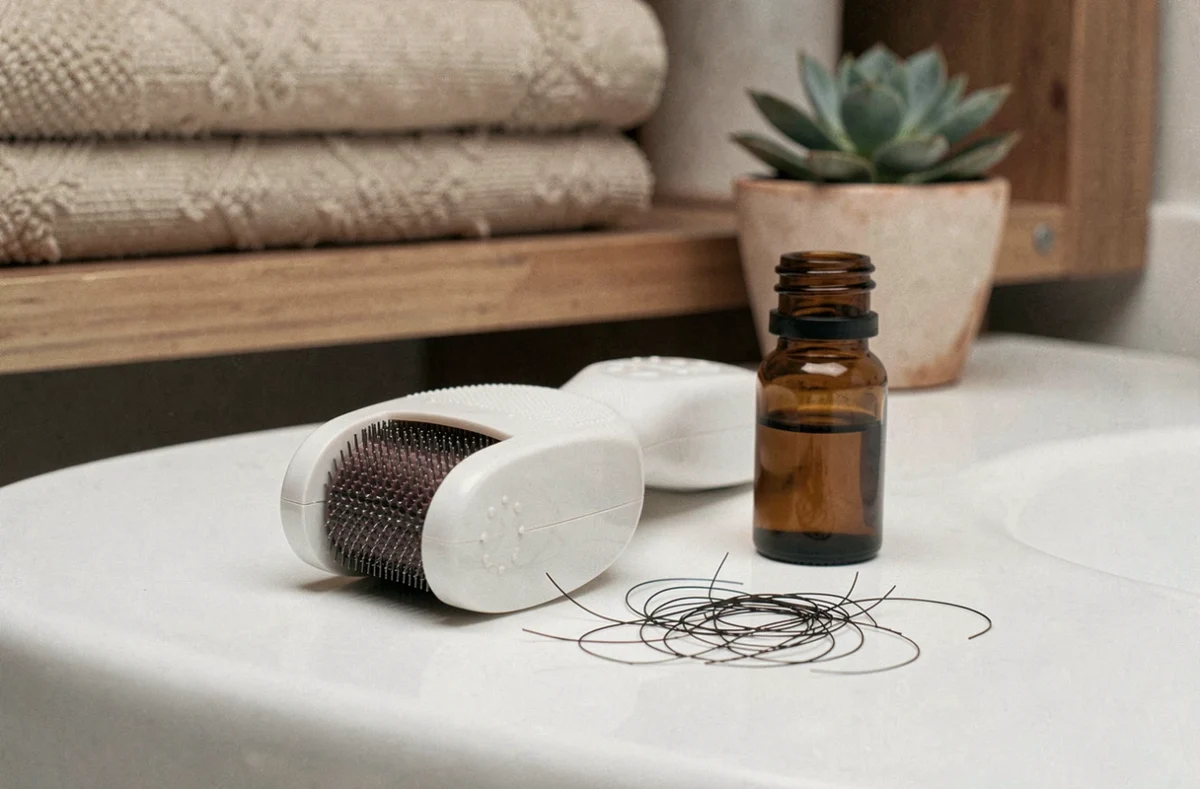 Dermaroller cheveux et sérum capillaire posés sur une surface de salle de bain pour cuir chevelu sensible