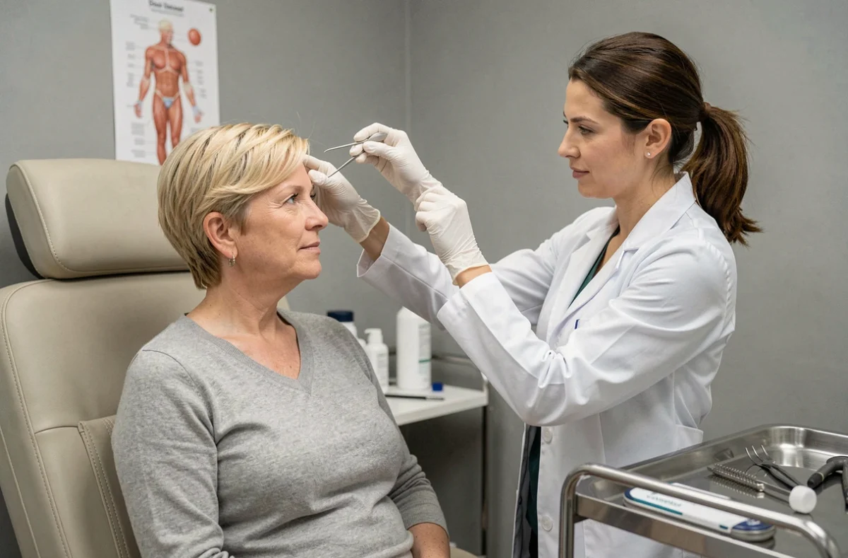 Dermatologue examinant le cuir chevelu sensible d'une patiente avant l'utilisation d'un dermaroller