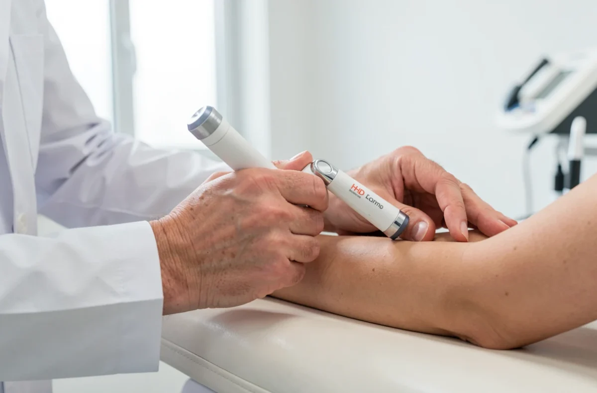 Dermatologue examinant la peau d'un avant-bras avec un dermoscope