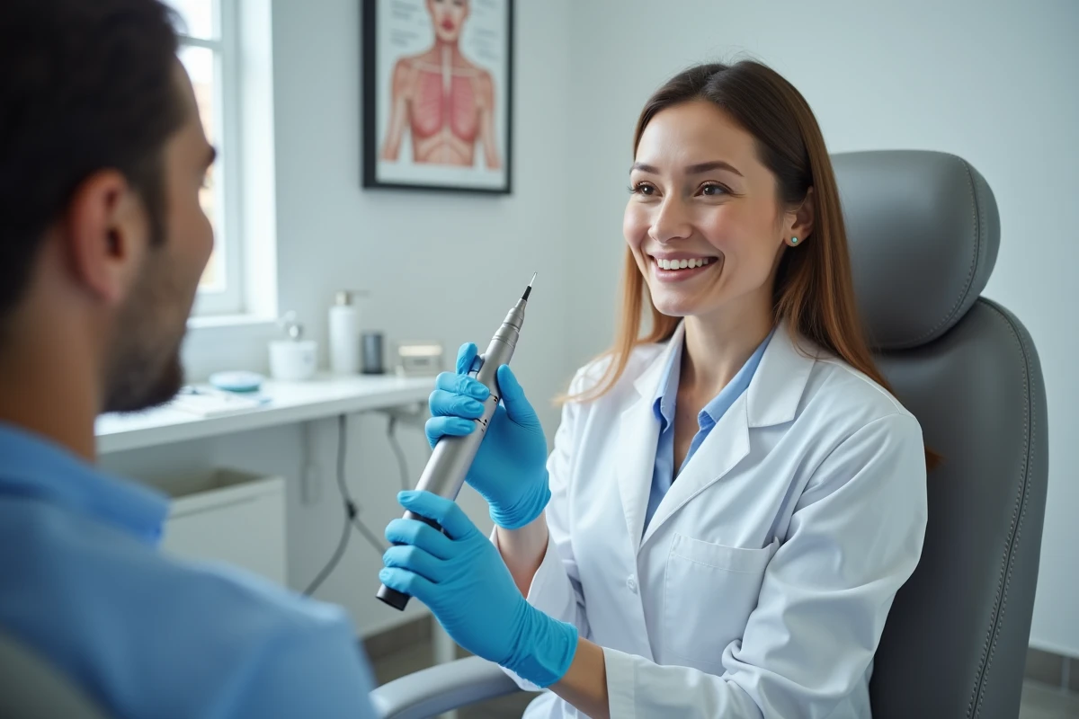 Dermatologue expliquant le microneedling professionnel à une patiente en cabinet médical