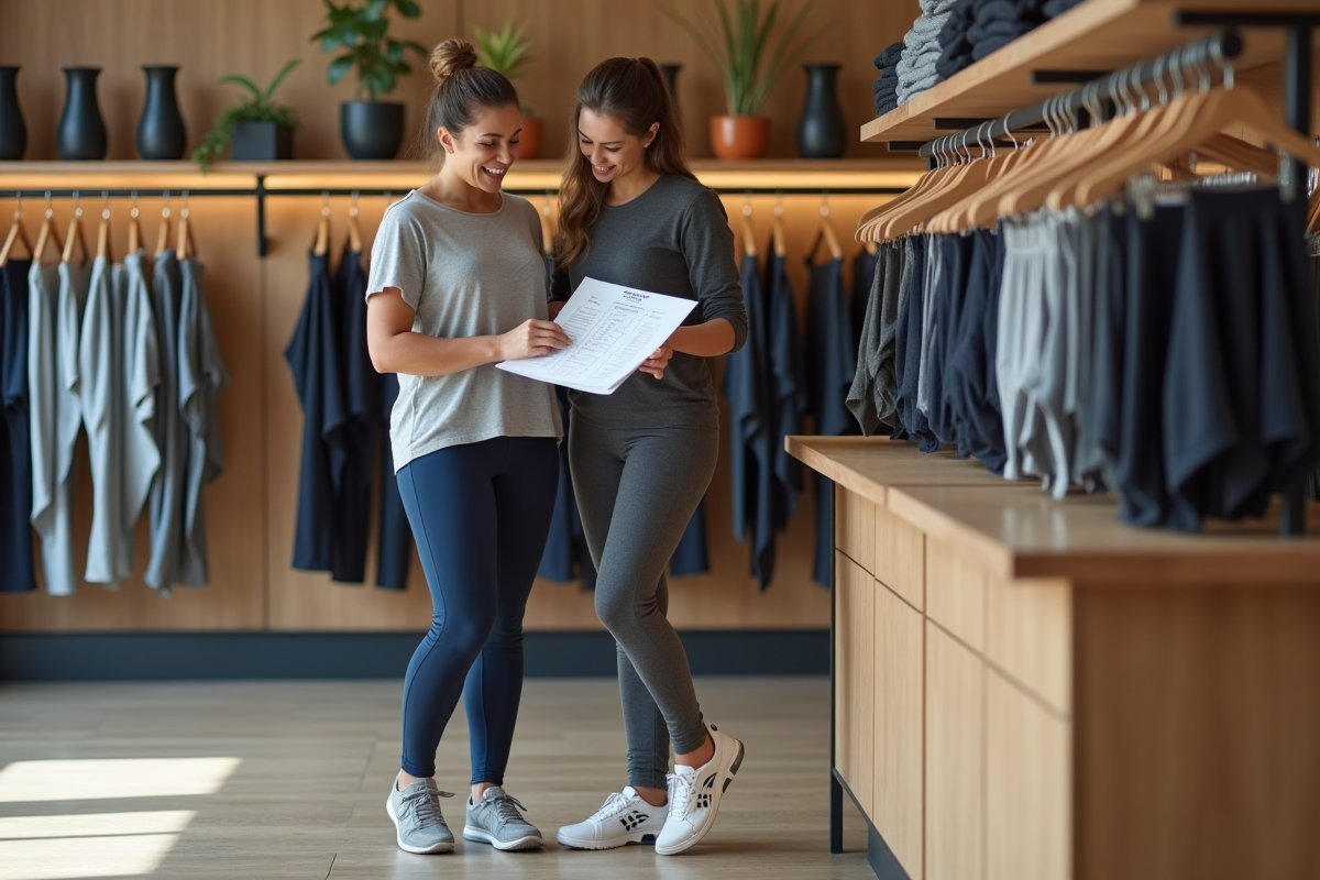 Deux femmes consultent un tableau de tailles de leggings en magasin