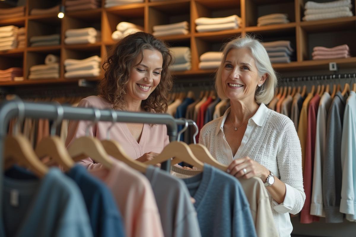 Deux femmes regardant des hauts en boutique chaleureuse