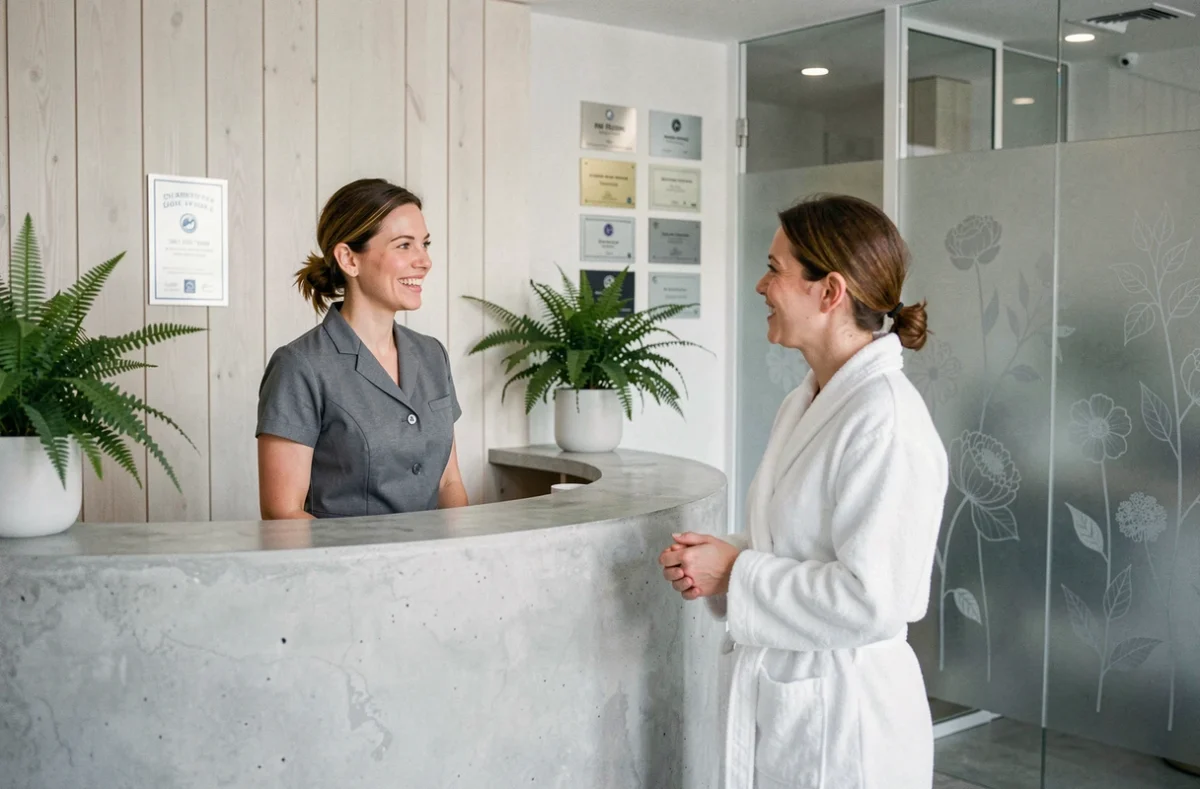 Réception épurée du spa Eman & Sens à Dijon, labellisé Spas de France, avec personnel en uniforme gris accueillant une cliente en robe blanche