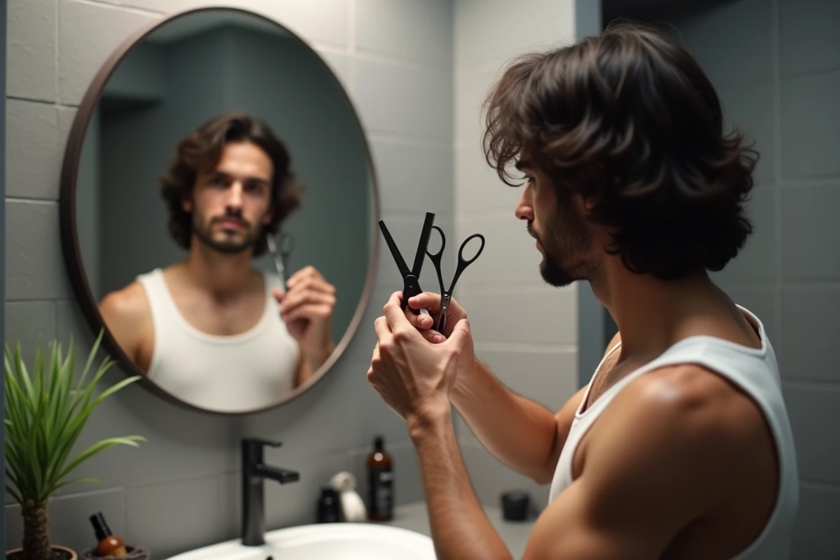 Homme aux cheveux mi-longs utilisant des ciseaux et un peigne pour entretenir sa coupe devant un miroir