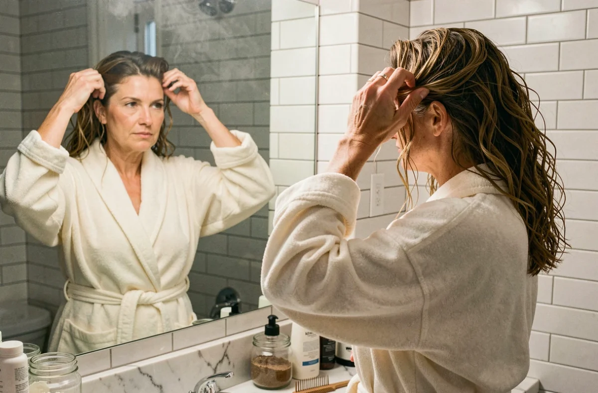Femme entretenant ses boucles de permanente naturelle dans une salle de bain