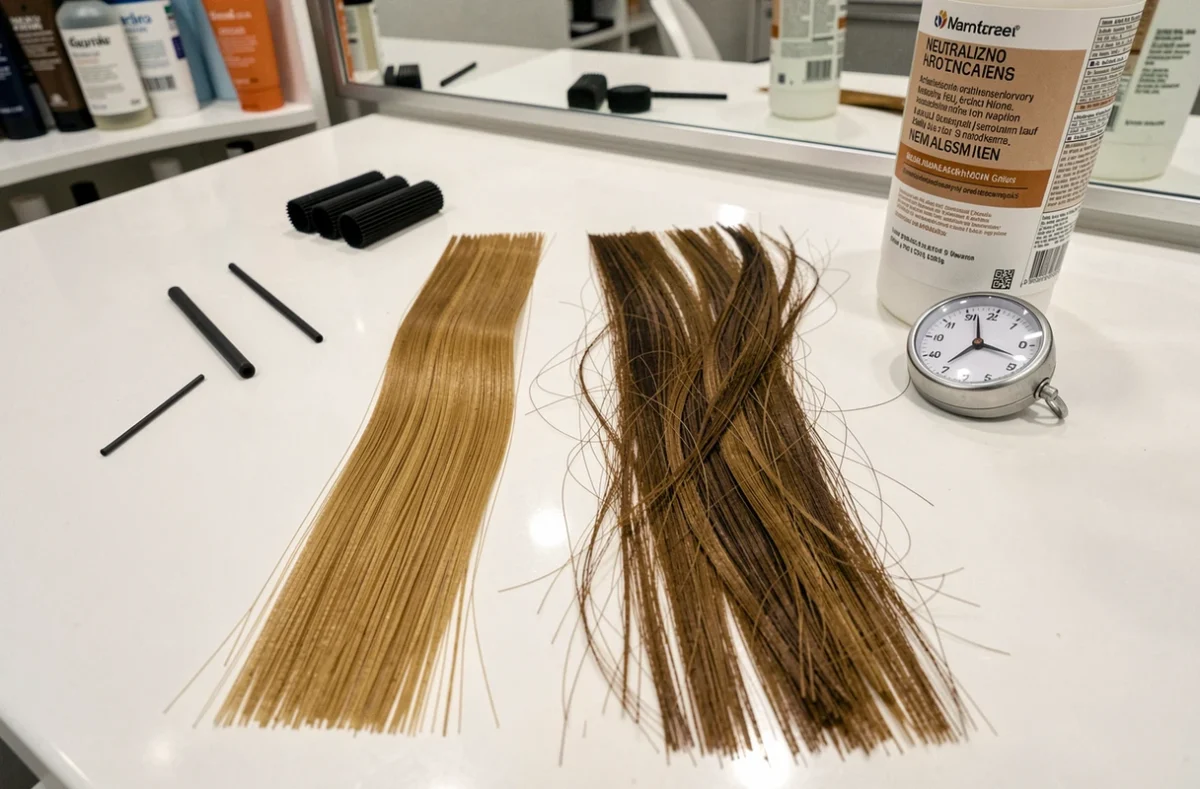 Gros plan comparatif de cheveux fins sains et abîmés par une permanente mal réalisée sur comptoir de salon