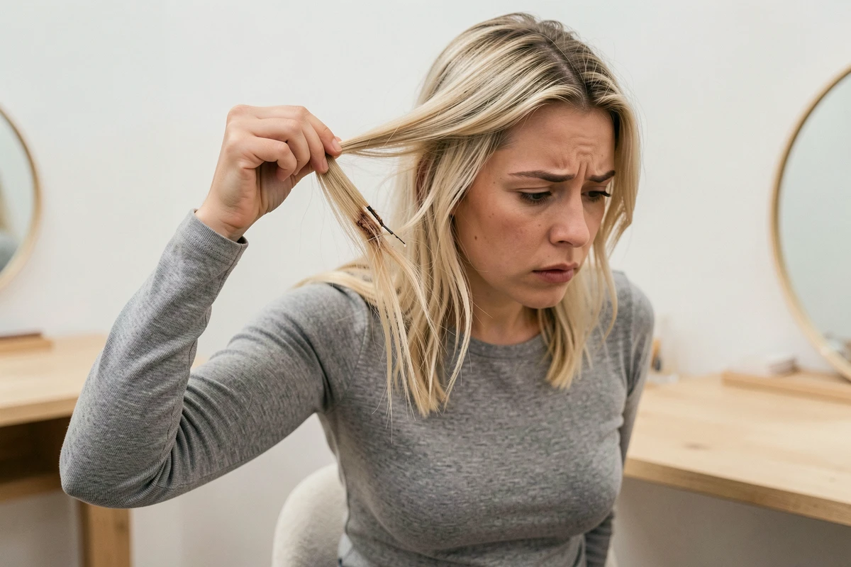 Extension kératine qui se décolle et glisse sur les cheveux naturels d'une femme à la maison