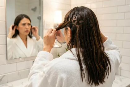 Femme examinant ses extensions de cheveux ratées avec des trames visibles près de la nuque dans une salle de bain
