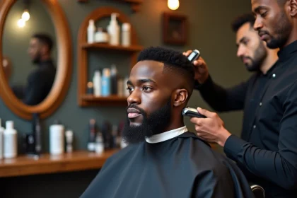 Barbier réalisant un fade tapered sur un homme aux cheveux courts avec transition harmonieuse vers la barbe dans un salon moderne