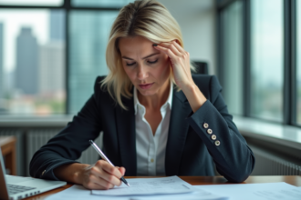 Femme d'affaires en réflexion dans un bureau moderne