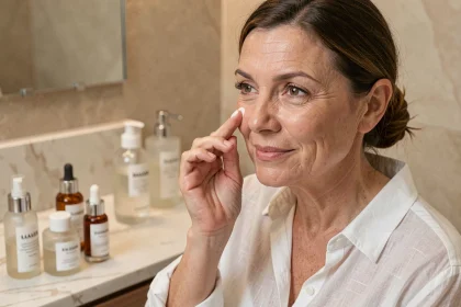 Femme mature appliquant une crème anti-rides sur son visage devant une coiffeuse en marbre avec plusieurs produits de soin