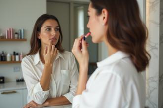 Jeune femme appliquant du rouge à lèvres devant un miroir