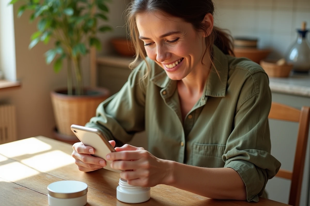 Femme consultant une application d'analyse cosmétique type Yuka sur smartphone en comparant une crème bio provençale dans une cuisine