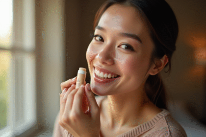 Femme souriante appliquant un baume lèvres naturel devant une fenêtre