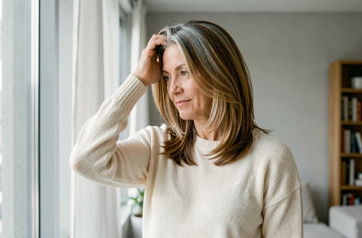 Femme quinquagénaire aux cheveux châtains balayage doré pour masquer les cheveux blancs à la lumière naturelle