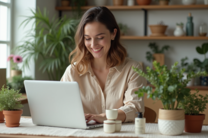 Femme souriante utilisant un ordinateur pour des produits bio