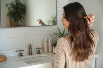 Femme brunette se coiffant dans une salle de bain moderne