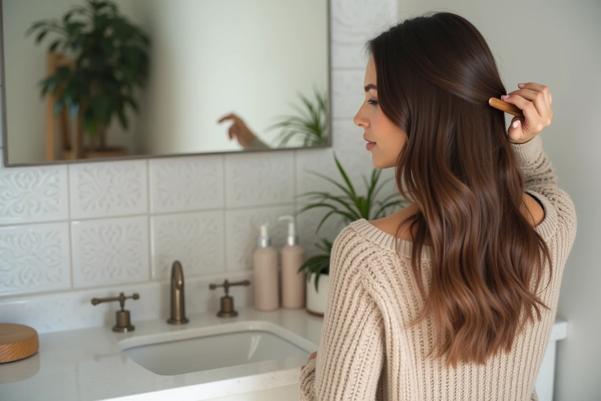 Femme brunette se coiffant dans une salle de bain moderne