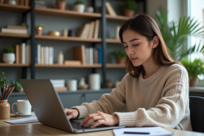 Femme au bureau comparant des produits de beauté