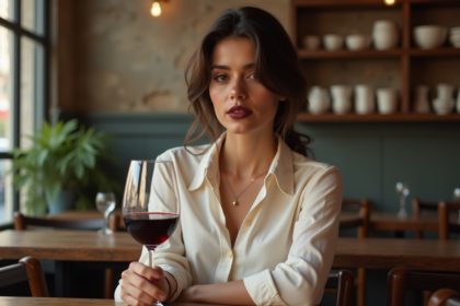 Femme assise dans un café parisien avec verre de vin