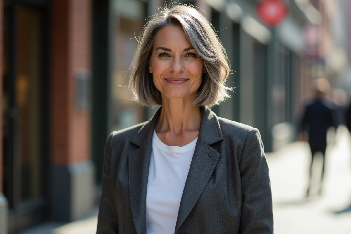 Femme élégante avec une coupe au carré court et des reflets argentés dans un contexte urbain tendance