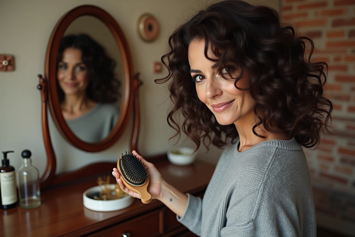 Femme aux cheveux bouclés se brossant les cheveux avec une brosse ovale coussinée devant un miroir de coiffeuse