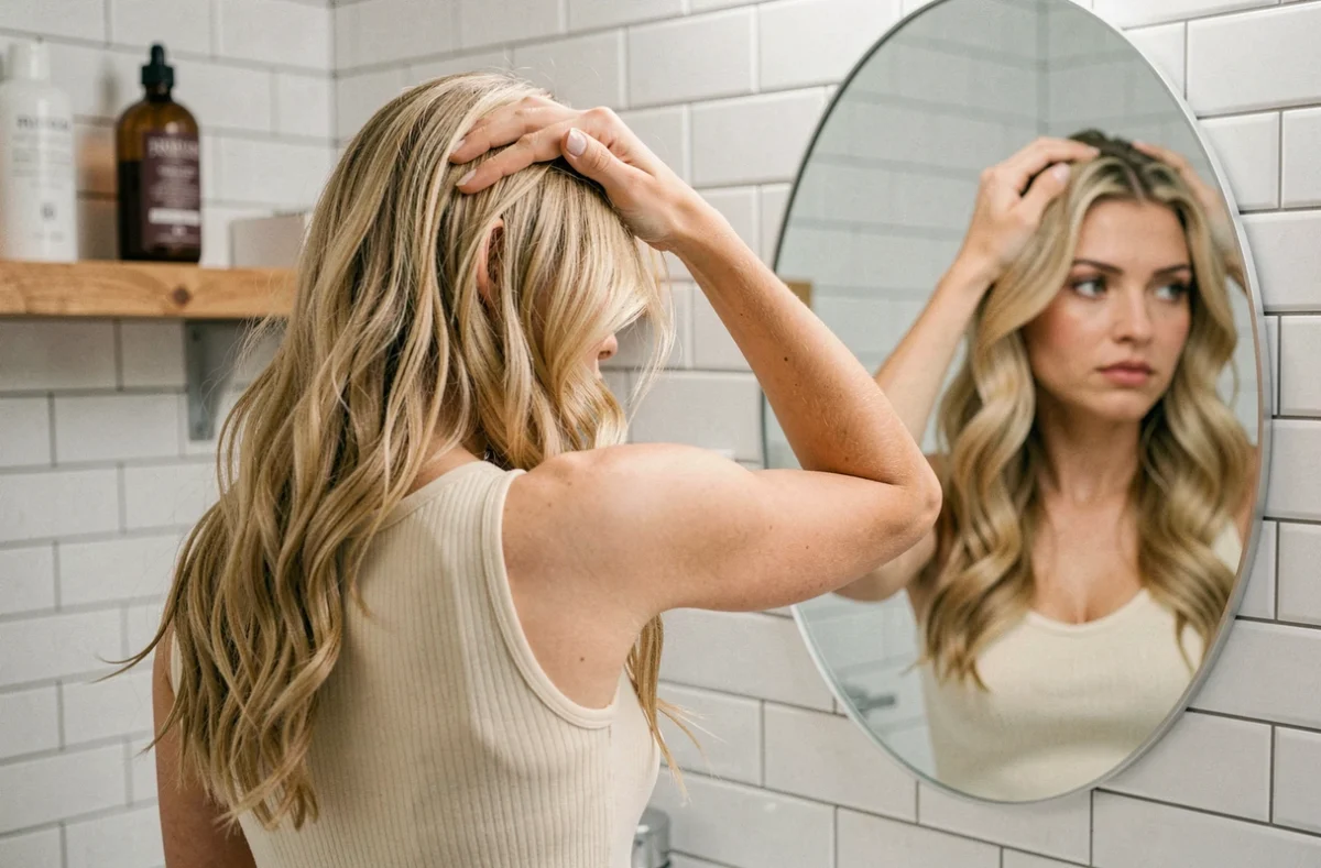 Femme aux cheveux longs blonds et fins testant le volume de sa coiffure devant le miroir de sa salle de bain
