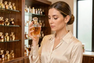 Femme choisissant un parfum de luxe dans une parfumerie élégante, tenant un flacon en verre orné