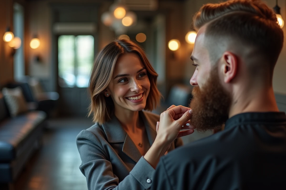 Femme souriante regardant le barbier à Lille
